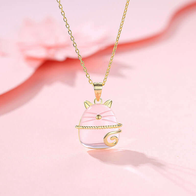 Pink Crystal Cat Pendant Necklace - Gold