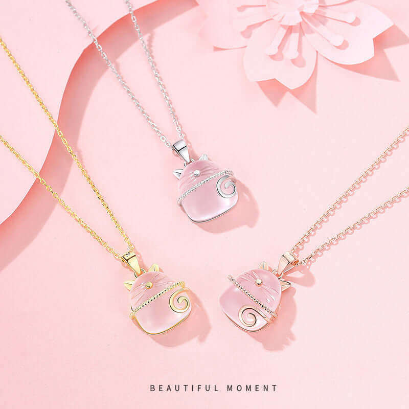 Pink Crystal Cat Pendant Necklace - Gold Silver Rose Gold