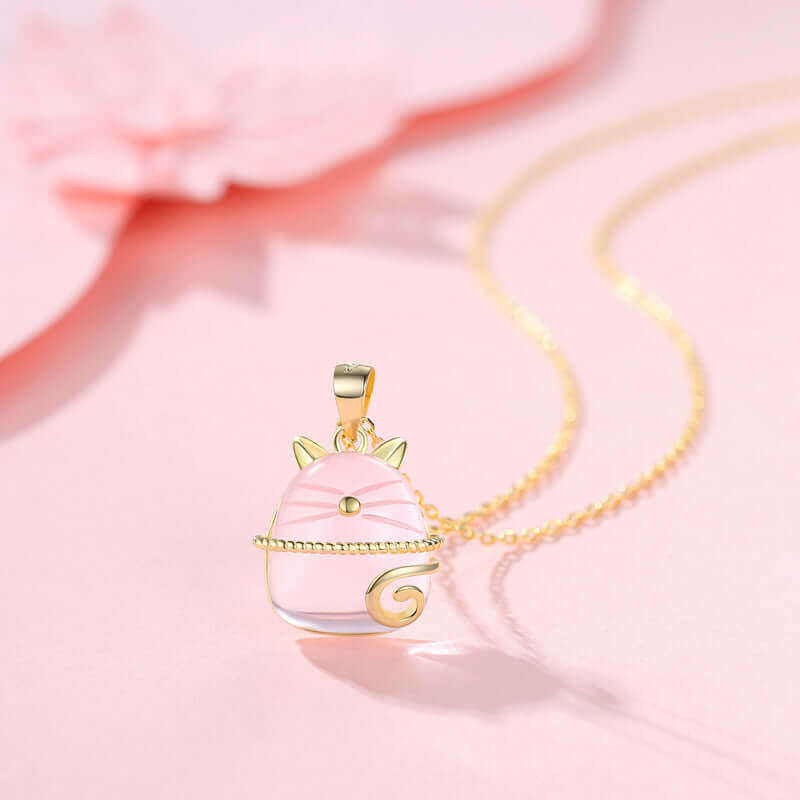 Pink Crystal Cat Pendant Necklace - Gold