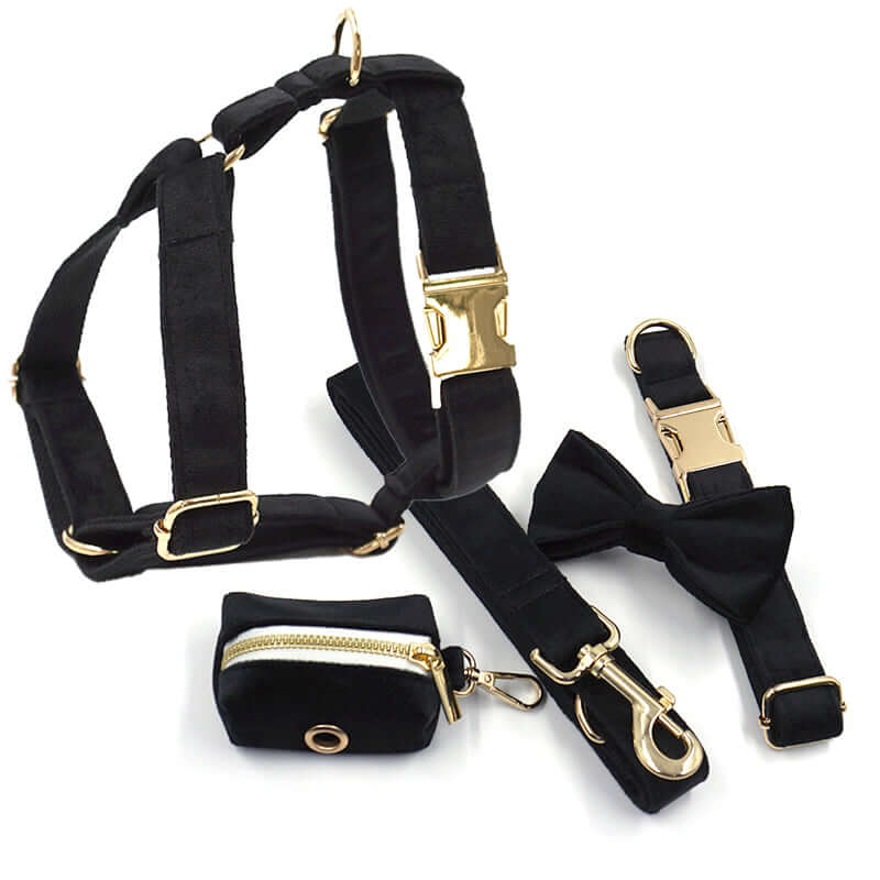 Velvet Harness Set Collar Leash Harness Poop Bag Holder Bow Black