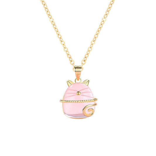 Pink Crystal Cat Pendant Necklace - Gold