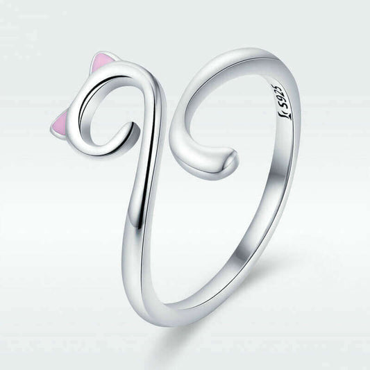 Sterling Silver Cat Tail ring with Pink Enamel Ears